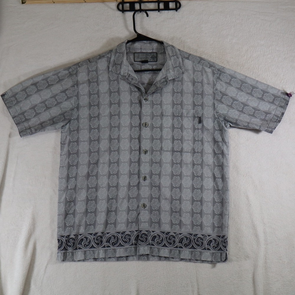 prAna Men's Size L Gray Patterned Button‑Up Shirt – Floral Stripe Short Sleeve